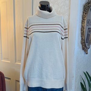100% Cashmere Lands End Ivory Multi-stripe Turtleneck Brown Tan Pink Stripes XL